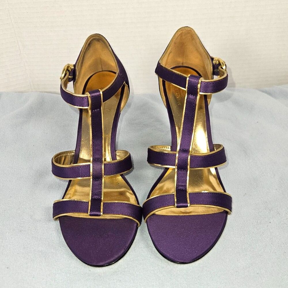 Coach Trixy Purple Satin Gold Trim T-Strap Wedge Sandals Heels NWOT Women's 6.5B